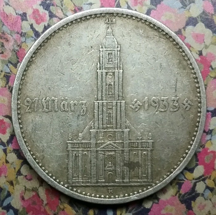 Rare Silver 1934 Nazi 5 Mark Divide Date Potsdam Garrison Church 1st Anniversary