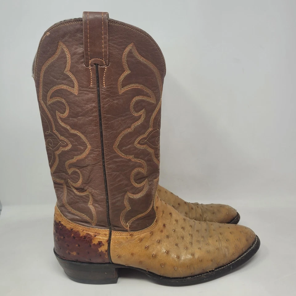 Botas vintage Larry Mahan 12D couro marrom bronzeado pena completa avestruz caubói ocidental - Imagem 2 de 4