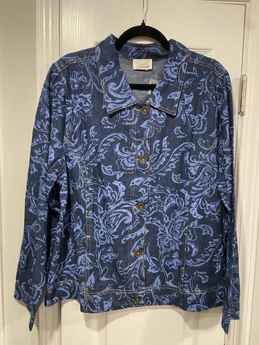 NWT Gunit Size L Cotton Painted Blue Paisley Button Front Denim Jacket Pockets
