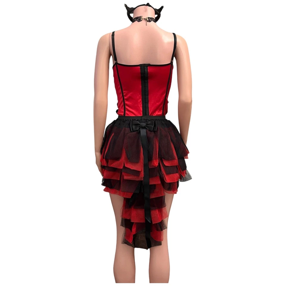 Sexy Disfraz Burlesco 3 Piezas Rojo Negro Corsé Tutú Encaje Máscara Mascarada Mediana Foto 2 de 4