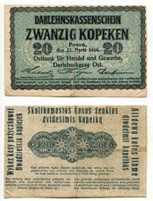 20 Kopeken Posen 17.4.1916   Darlehenskasse Ost, Erhaltung III  Ros. 457