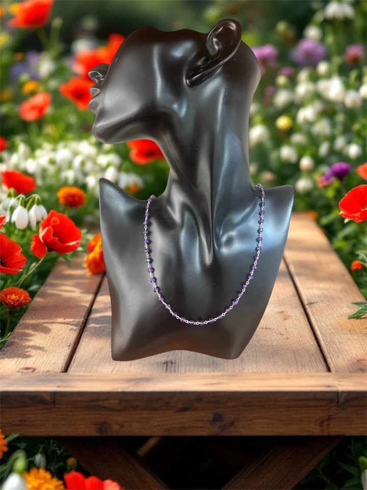 collana unisex argento 925 rodiato con pietre ametista viola tipo rosario - Immagine 3 di 3