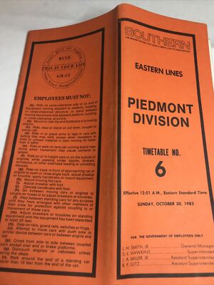 1983 Timetable No. 6 Eastern Lines Piedmont Division Southern Railway October 30