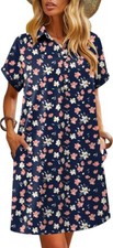 HOTOUCH Floral Summer Sundress - Shirt Dress, Button Down, Casual Fit, Blue, XL