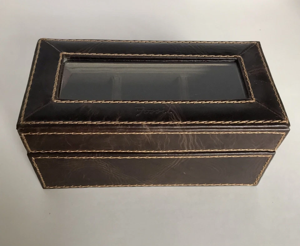 FOSSIL Caja Reloj Joyería Valet Cuero Genuino 3 Secciones Marrón Organizador Foto 2 de 4