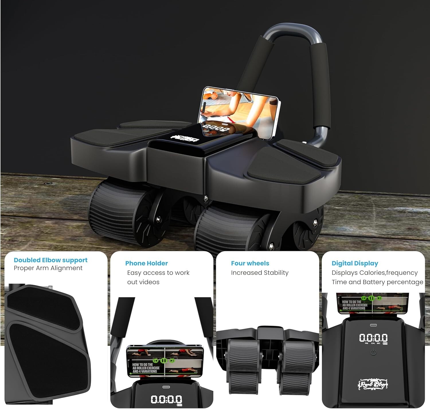 Royal Blaze 4-Wheel Abdominal Roller Multi- layered Anti-Slip with LCD Screen