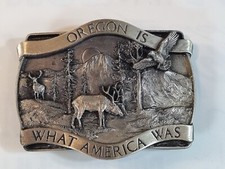 Vtg 80's Oregon is what America was Elk Eagles Cascade Mountains Belt Buckle