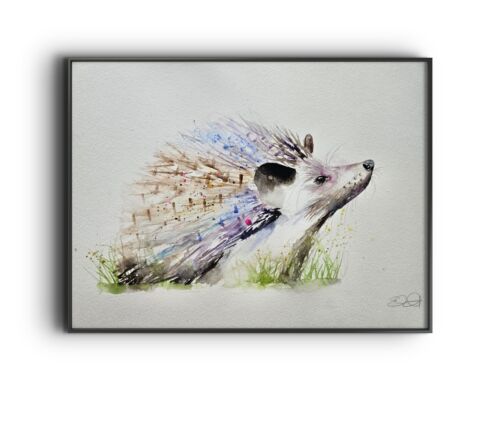 Large original signed watercolour art painting by Elle Smith of A Hedgehog - Picture 1 of 6