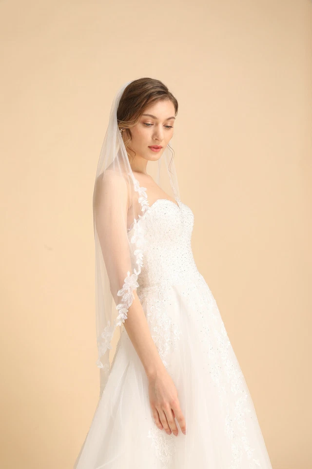HBH Brautmoden 1-Schicht Brautschleier,Softtüll,mit Spitze bestickt,Kamm, Ivory - Bild 3 von 4