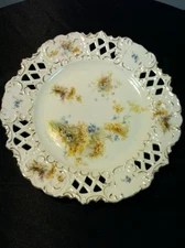 VINTAGE RW Bavaria Germany Plate Gold Blue Flowers Reticulated Porcelain Tray
