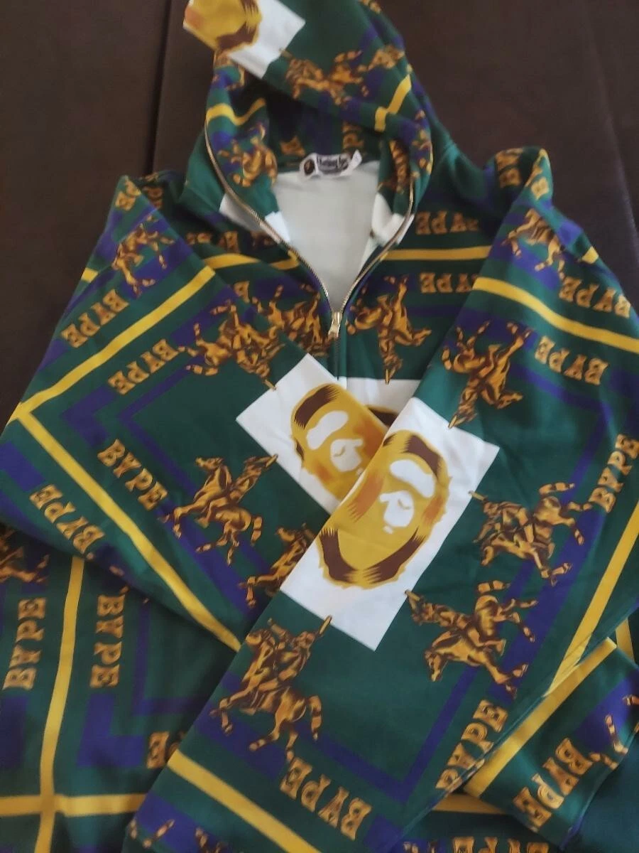 A BATHING APE (BAPE) FELPA CON CAPPUCCIO VERDE DOPPIA TESTA DI SCIMMIA CERNIERA XXL 2XL USATA 1 VOLTA