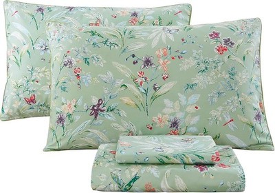 Garden Floral Sheets Set Sage Green 4Pcs Queen Size, Egyptian Cotton Silky