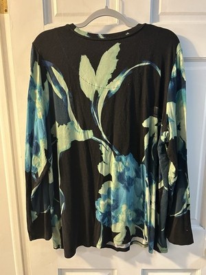 Chico's Size 4 Plus Black Blue Green Floral Pullover Round Neck Long Sleeve Top