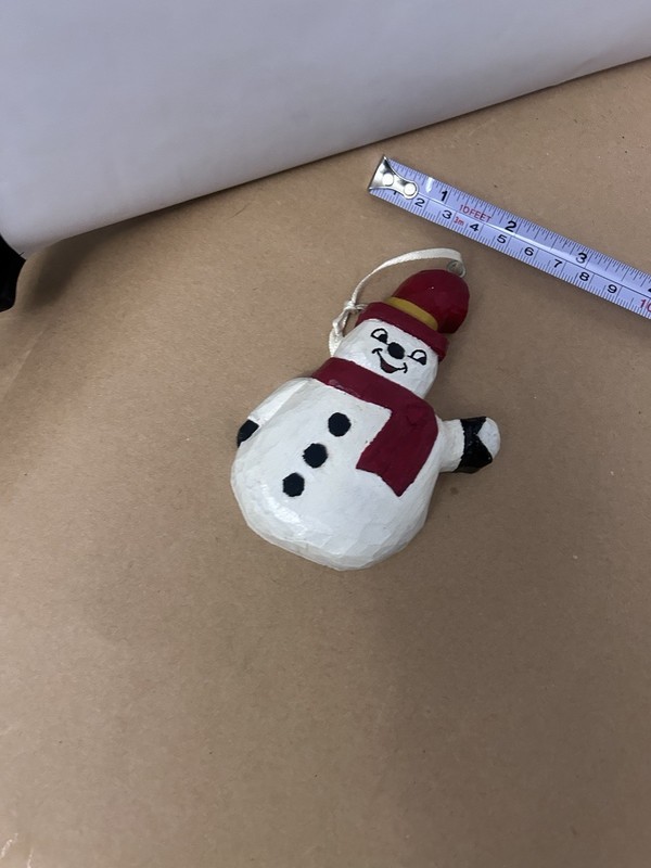 VTG Christmas Ornament Wooden Snowman yellow ring on hat