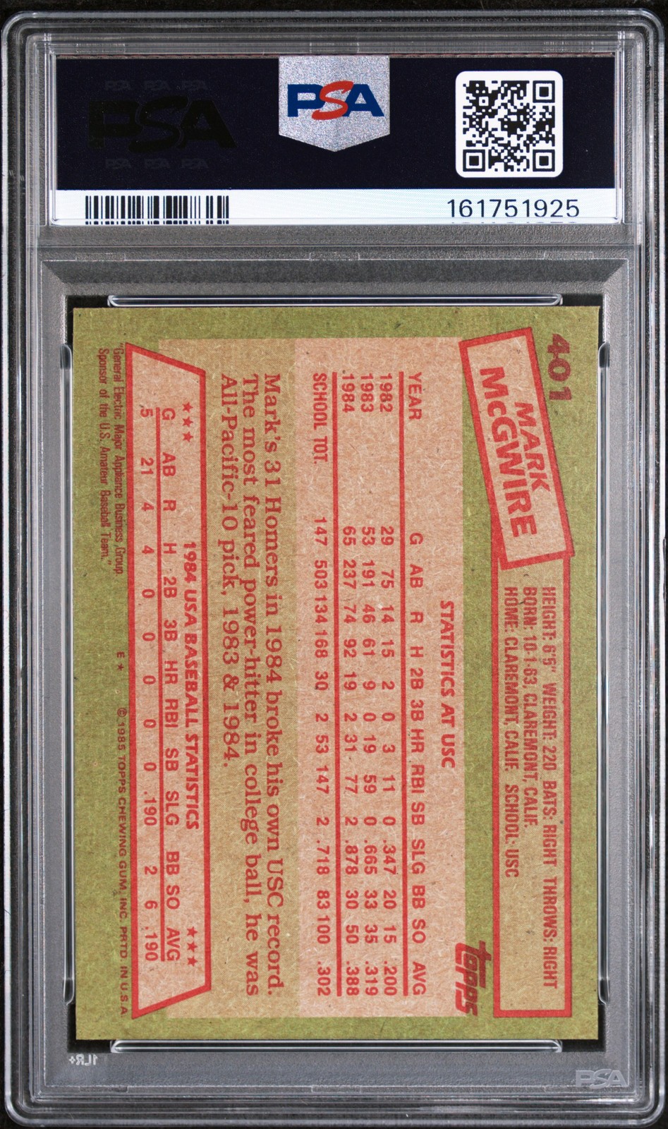1985 TOPPS 1984 USA BASEBALL TEAM #401 MARK MCGWIRE PSA 8 view 2