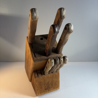 Vintage Tramontina Wood Knife Block Lot Of 8 Chef Slicer Utility Fillet 4 Steak
