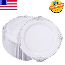 100pcs Silver Plastic Plates  White with Silver Disposable Plates  10.25inch