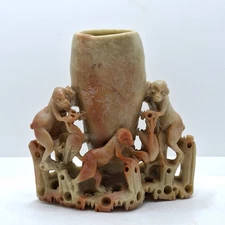 Chinese Carved Soapstone Vase Brush Pot Monkeys Vintage