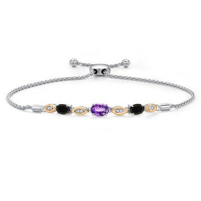925 Silver and 10K Yellow Gold Amethyst and Onyx and Lab Grown Diamond Bracelet