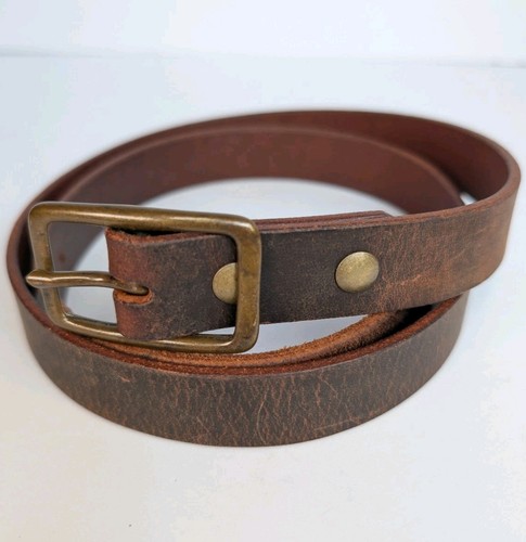 Leather Belt Vintage Brown Unique Brass Buckle 1" Wide 70s Cottage Core Sz 36