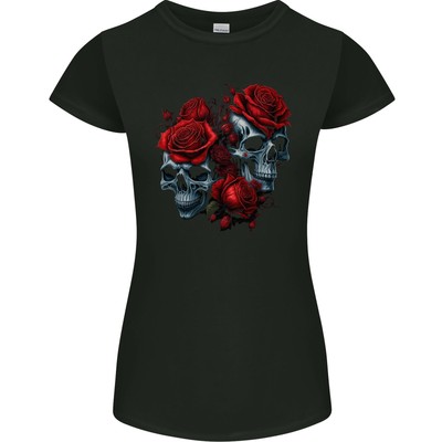Zwei Totenköpfe mit Rosen Gothic Damen Petite Schnitt T-Shirt