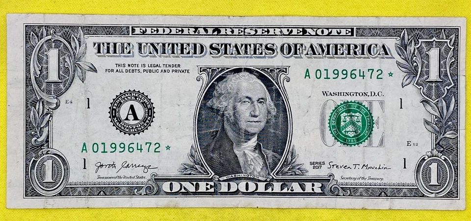 Star Note 1996 Year Note A 01996472 * Fancy Serial Number $1 Dollar Bill DC FRN - Image 3 of 4