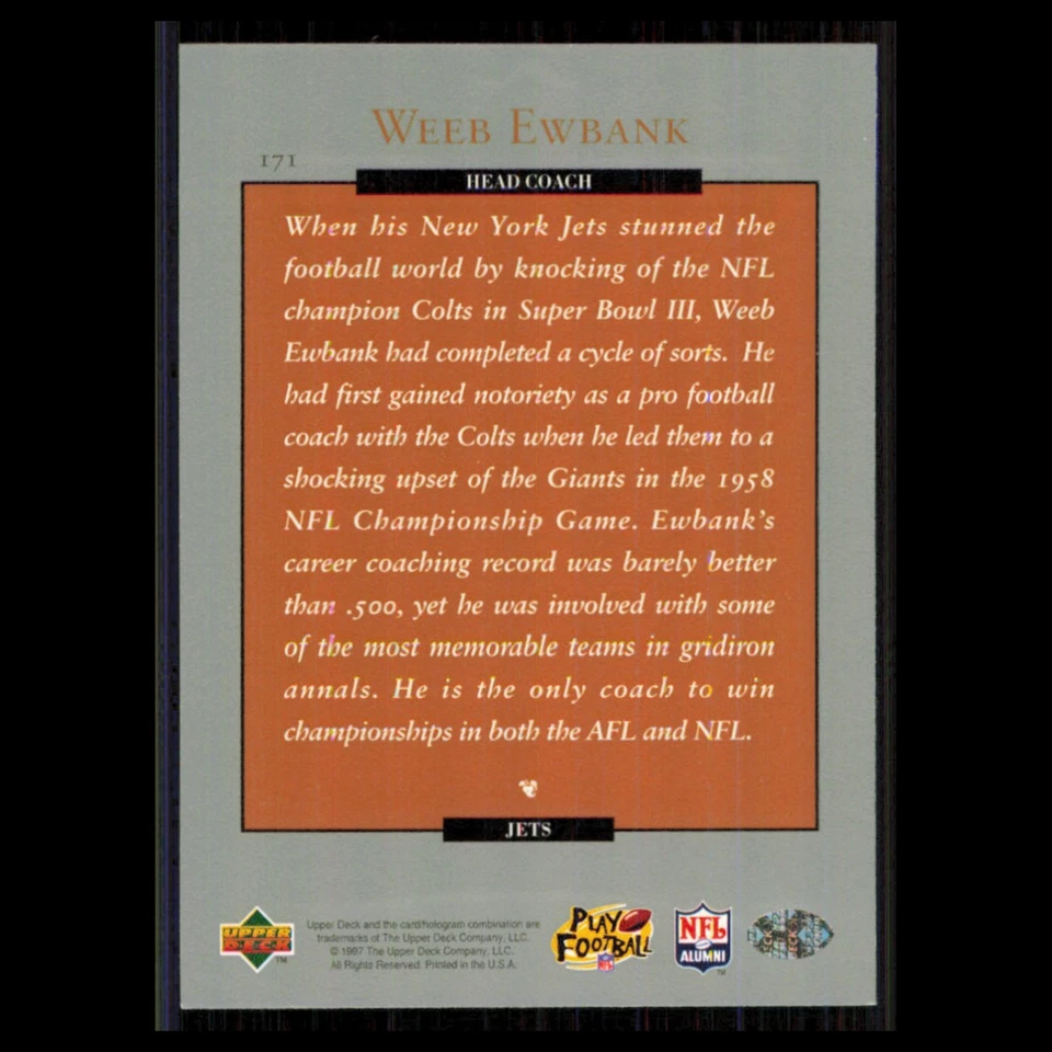 Weeb Ewbank #171 1997 Upper Deck Legends Legendary Leaders New York Jets Card NM - Image 2 of 3