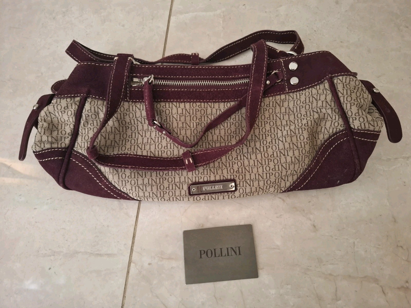 BORSA POLLINI NUOVA ORIGINALE BORDEAUX PELLE FONDO DI MAGAZZINO TELA MONOGRAMMA