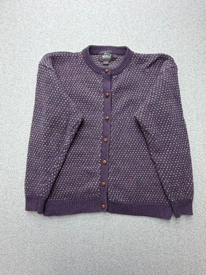 Cárdigan Woolrich Púrpura Geométrico Tejido Botón Frontal Lana Nylon Suéter Talla L Foto 2 de 4