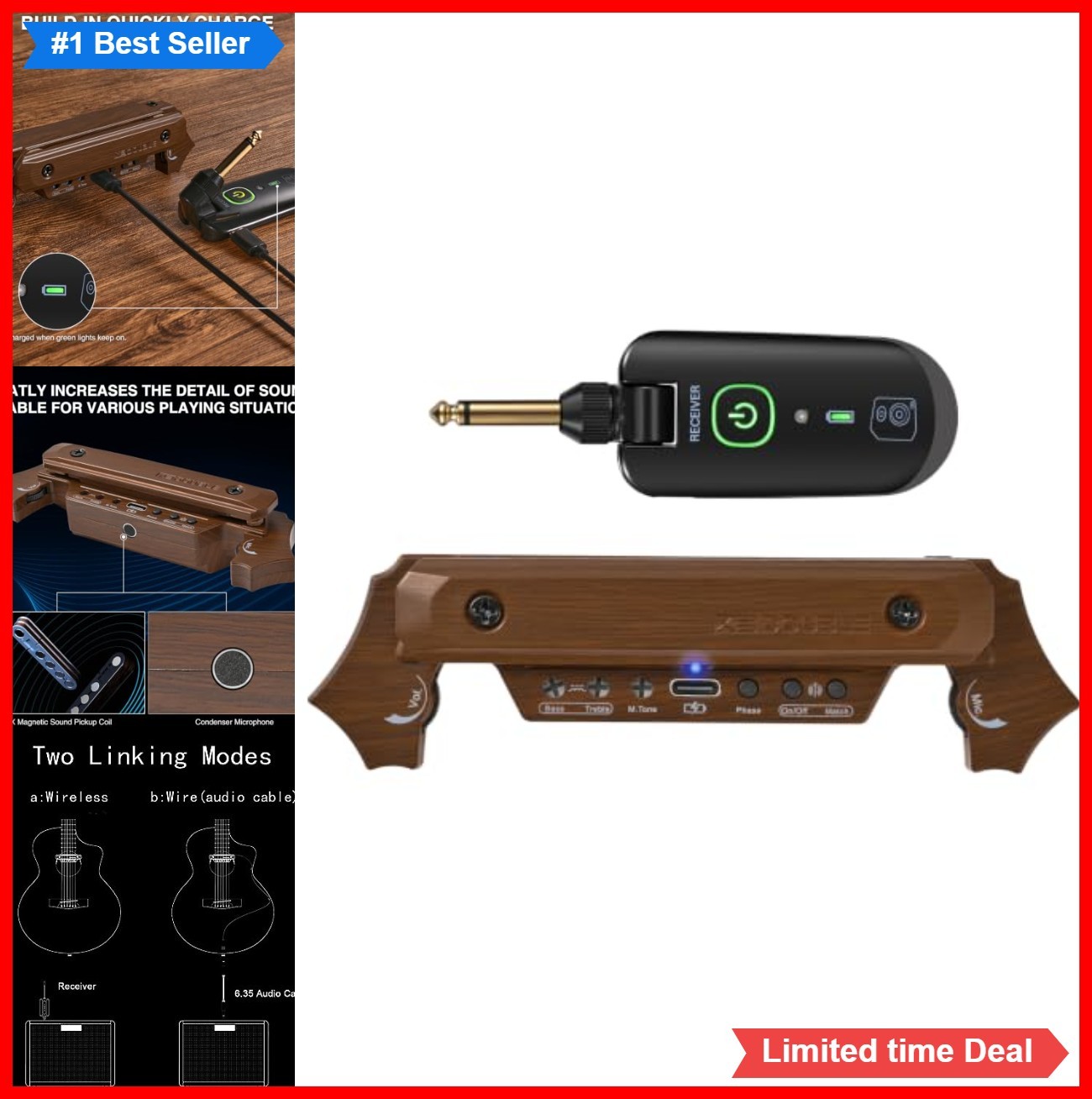 Wireless Acoustic Guitar Soundhole Pickup Magnetic Microphone Rechargeable