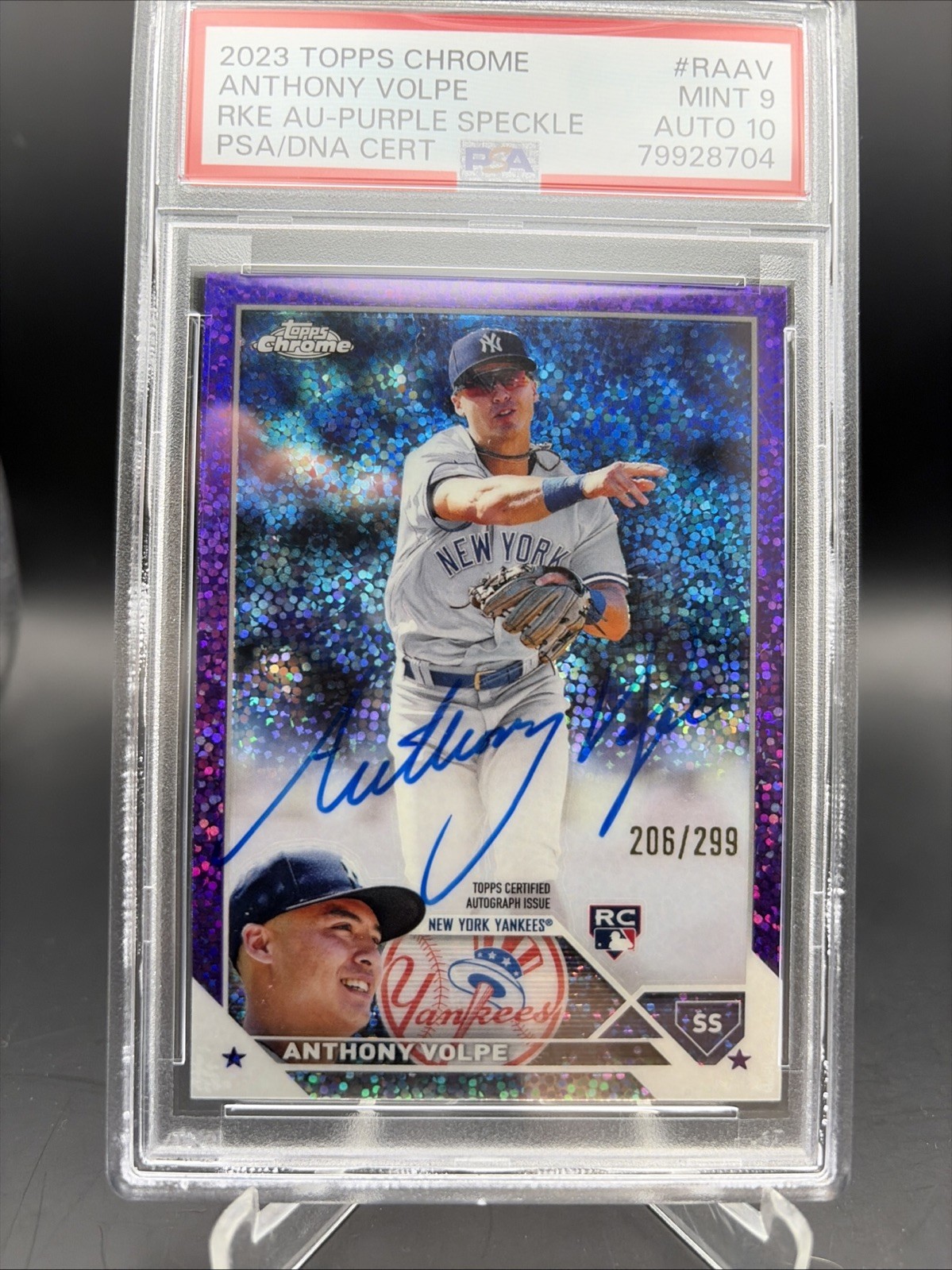 2023 Topps Chrome Auto RC Anthony Volpe #RA-AV Purple Speckle /299 PSA 9 Auto 10