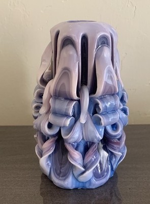 Vintage Hand Carved Ribbon Swirled Layered Wax 7 T Candle Purple Blue