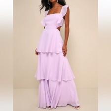 Lulus Elegant Event Lavender Ruffled Tie-Back Tiered Maxi Dress Size Small