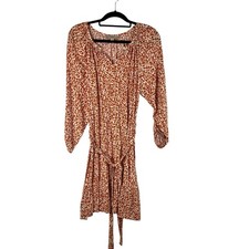 LOFT Tie-Waist Casual Dress Long Sleeve Cheetah Print Orange Cream White Women S