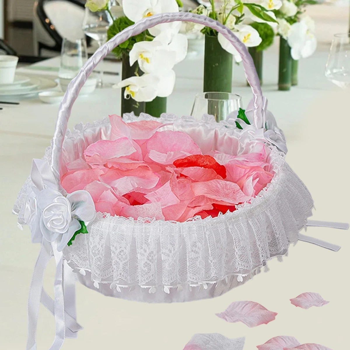 Cestino Portafiori Per Matrimonio – Raso Bianco Con Rosa E Nastri, Per Bomboniere E Bambine - 2