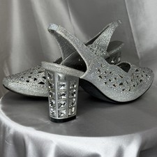Womens 8 Silver Bedazzled Rhinestones Block Heel Shoes Wedding/Prom Glittery