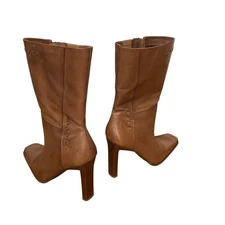 DIBA sz 9 Leather Heeled Boots Low Profile “ADENA” Zipper Square Toe Tan Brazil