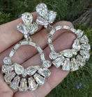 Vintage large Clear Rhinestone dangle clip earrings costume jewelry