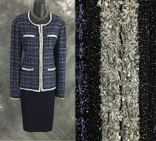 BEAUTIFUL st john knit Blue silver shimmer jacket skirt suit size 8 10