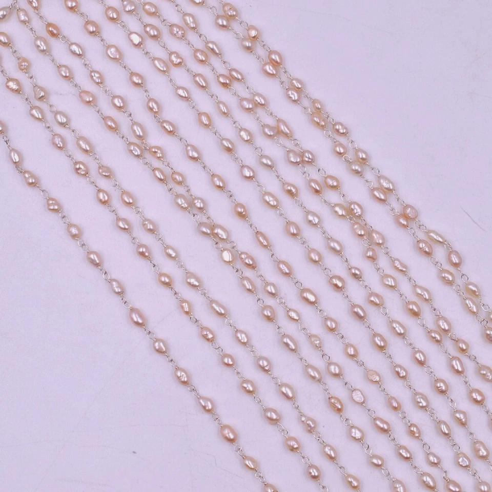 2 meters of Gold Vermeil Finish Pink Pearl Beaded Rosary Sterling Silver Chain - Image 4 of 4