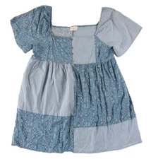 Sugarfox Cotton Blue White Stripe Floral Short Sleeve Smock Cottagecore Dress 1X