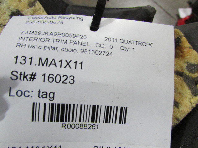 Maserati Quattroporte, RH, Right Lower C-Pillar Trim Panel, Cuoio, P/N 981302724