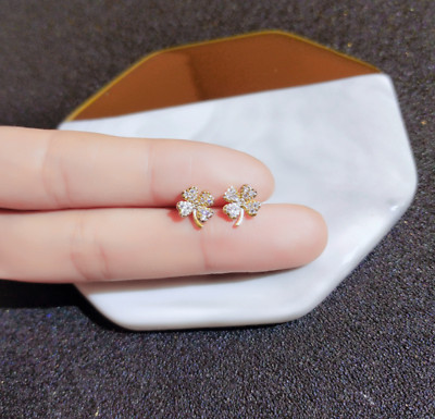 Tiny Gold Love Flower Lucky Clover Pave Cubic Zirconia Stud Earrings