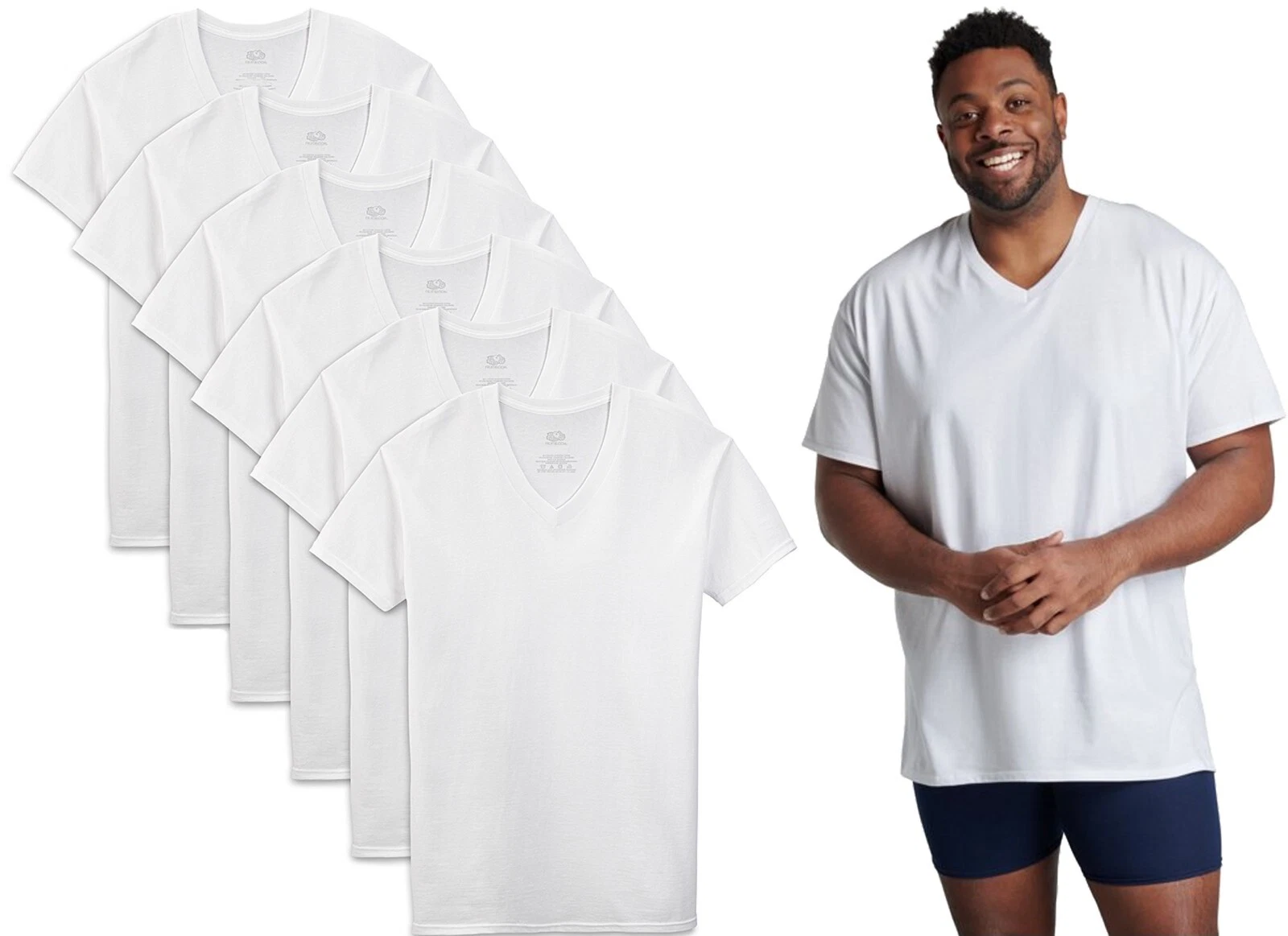 6 White Tall Man 2XLT 50-52 V-Neck T-Shirts Fruit Of The Loom 2EGA 127-132 CM