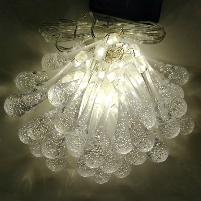 Solar Powered Water Drop String Lights - 30 LED Warm White, 8 Modes