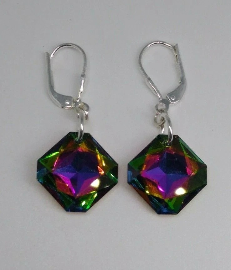 Pendientes rombo medianos vitrail cristal Swarovski plata esterlina m/w; cierre de palanca Foto 2 de 2