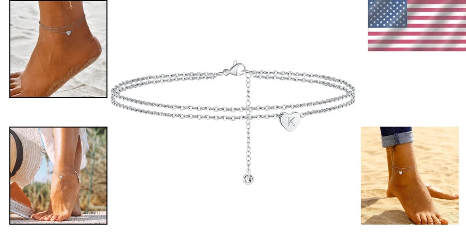 Brazalete al tobillo de plata relleno de oro blanco de 14K hecho a mano con dije inicial de corazón Foto 2 de 4