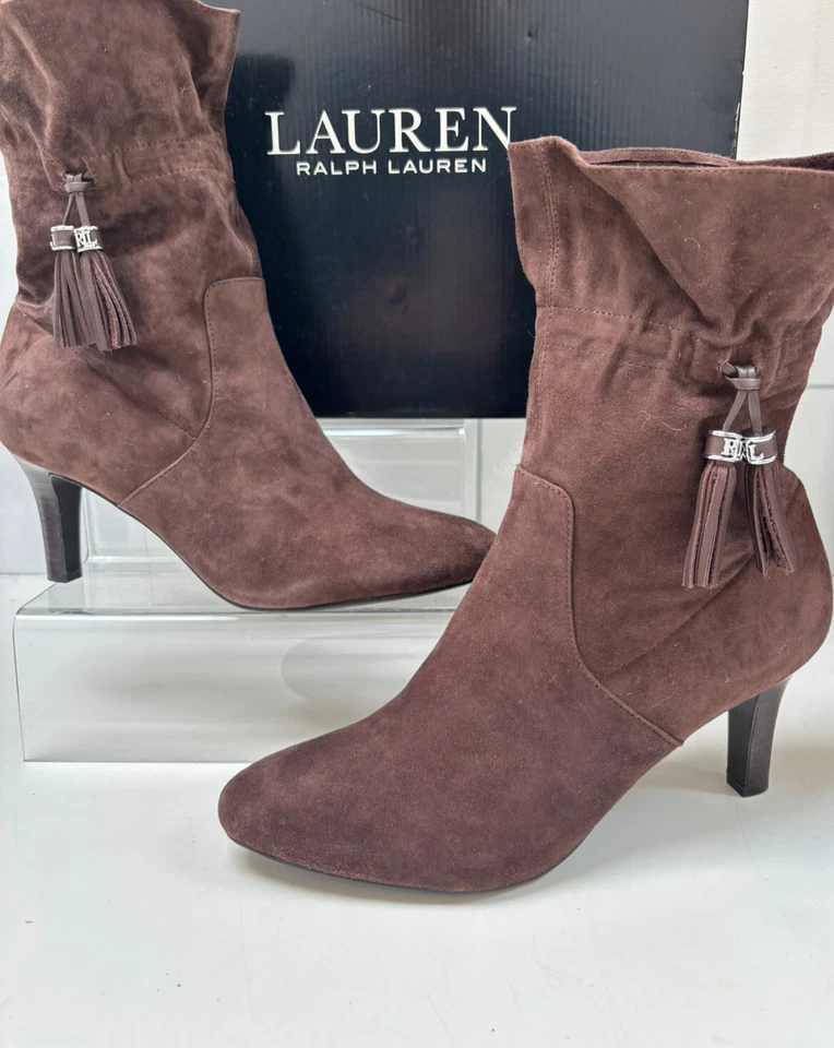 RALPH LAUREN suede BOOTS Bootie 8 42 high heels brown suede tassle CANDACE