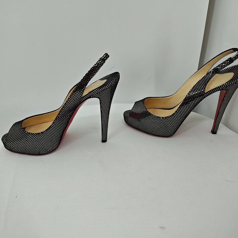 Christian Louboutin Heels Size 8 EU 39 Black Gold Slingback Open Toe Stilettos - Image 4 of 4