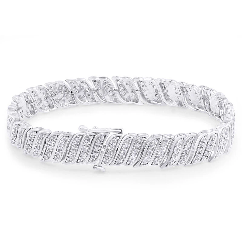 Brazalete de tenis de plata esterlina enchapado en rodio con eslabones en S de diamantes naturales de 1 quilate Foto 2 de 4